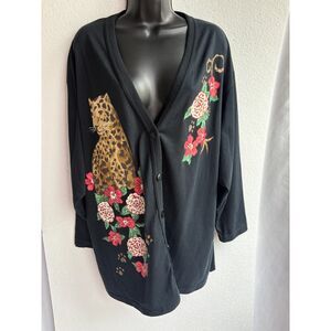 Vintage Special Preview Cheetah Embroidered Cardigan Black Plus Size 1X Novelty